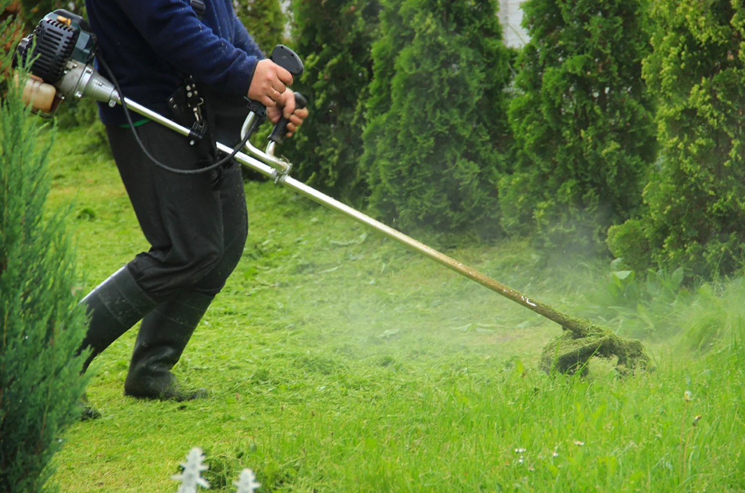Persona cortando pasto con una desbrozadora en un jardín